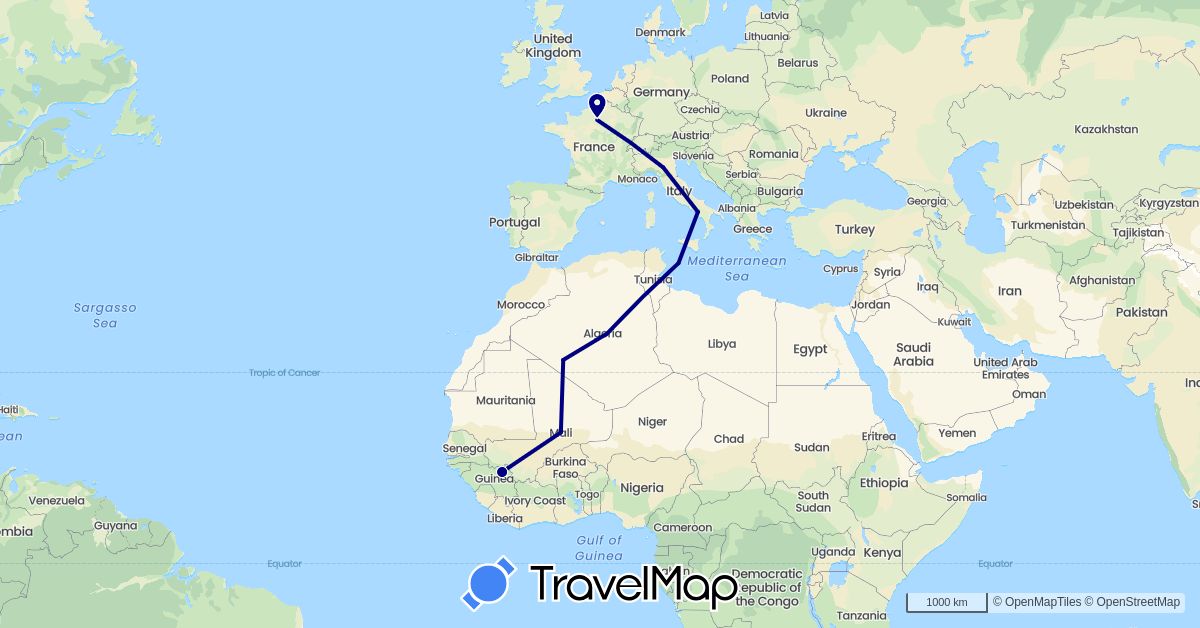 TravelMap itinerary: driving in Algeria, France, Guinea, Italy, Mali, Tunisia (Africa, Europe)