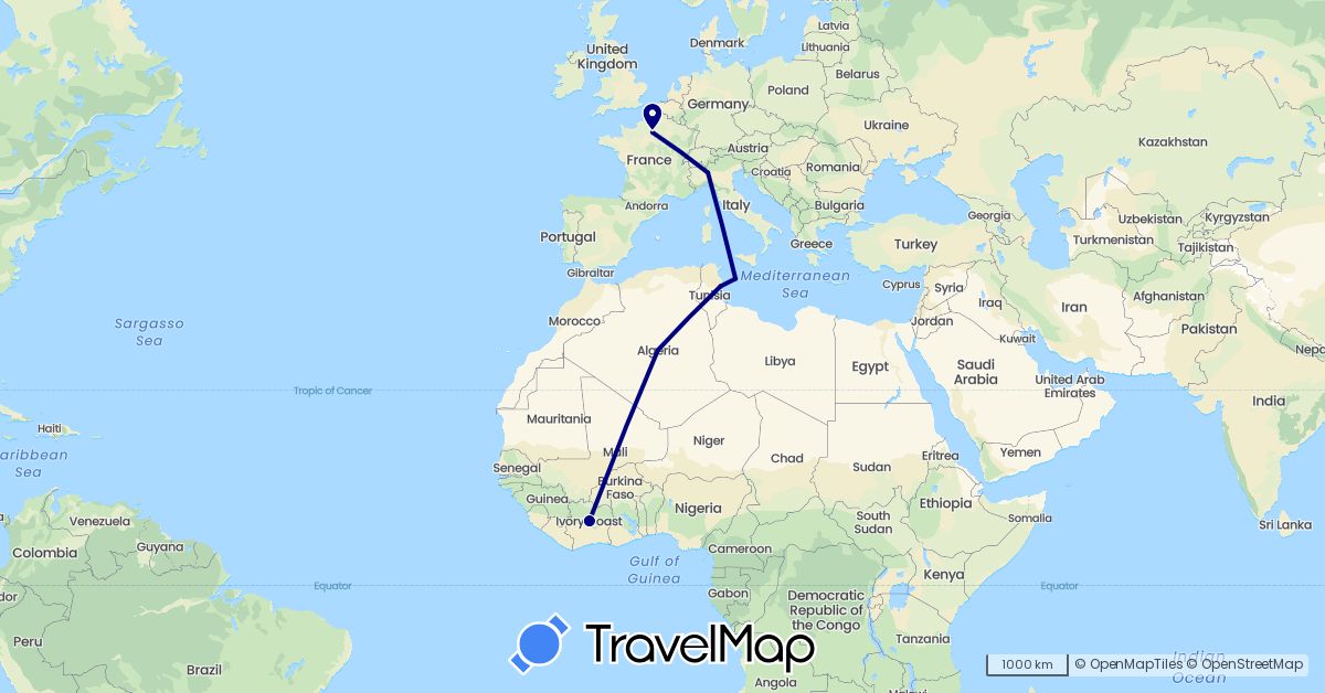 TravelMap itinerary: driving in Côte d'Ivoire, Algeria, France, Italy, Tunisia (Africa, Europe)