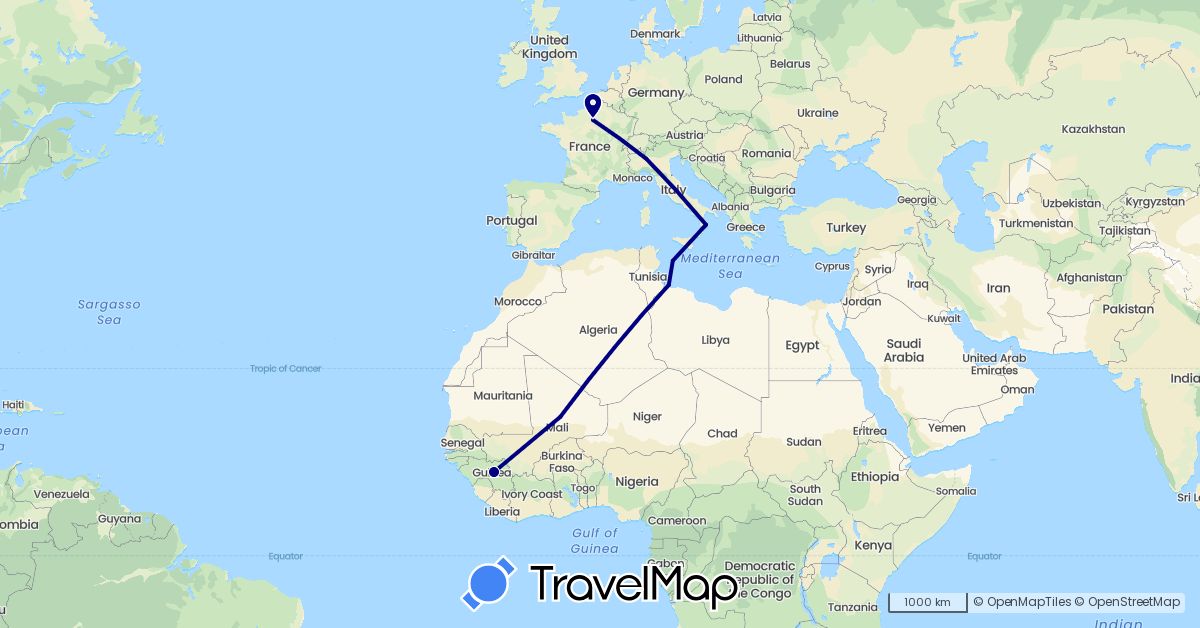 TravelMap itinerary: driving in Côte d'Ivoire, France, Italy, Libya, Niger (Africa, Europe)