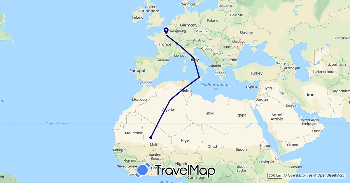 TravelMap itinerary: driving in Algeria, France, Italy, Tunisia (Africa, Europe)