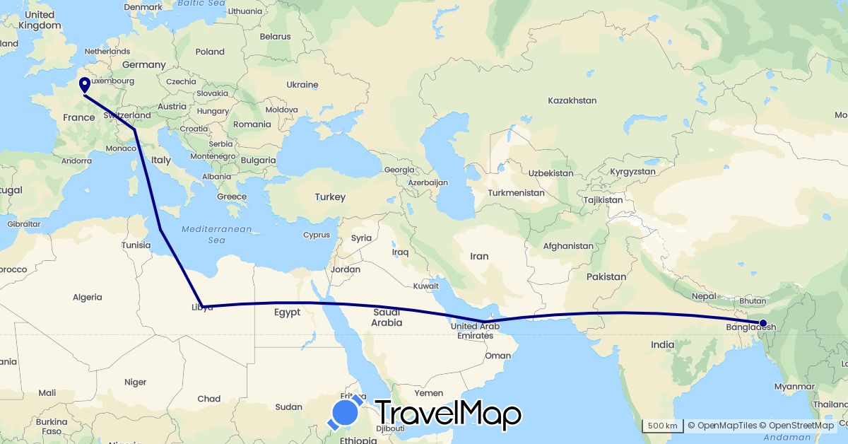 TravelMap itinerary: driving in United Arab Emirates, Bangladesh, France, Italy, Libya (Africa, Asia, Europe)