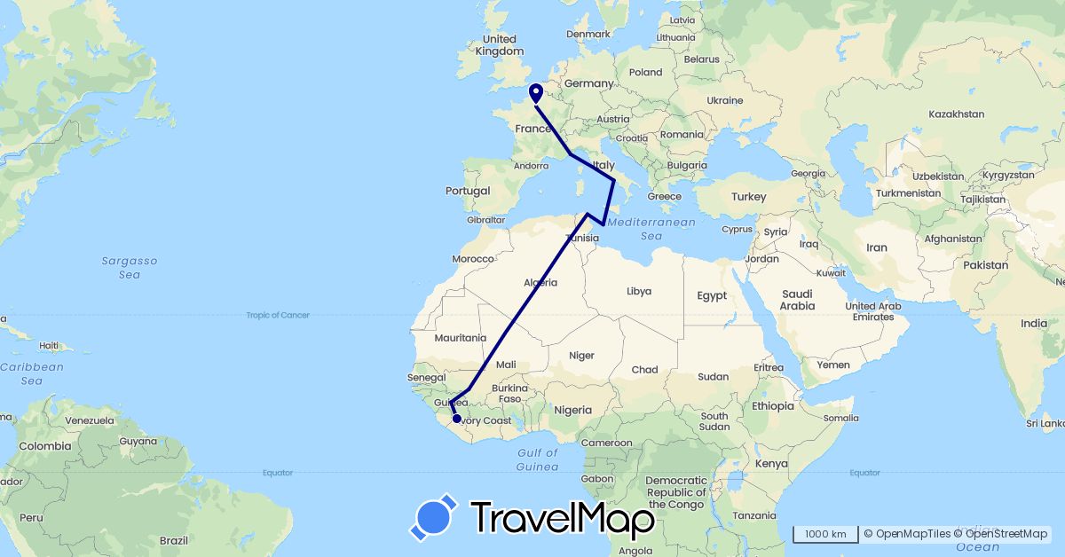 TravelMap itinerary: driving in Algeria, France, Guinea, Italy, Liberia, Mali, Tunisia (Africa, Europe)