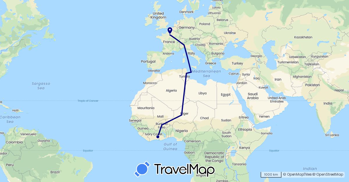 TravelMap itinerary: driving in Burkina Faso, Côte d'Ivoire, France, Italy, Libya, Niger (Africa, Europe)