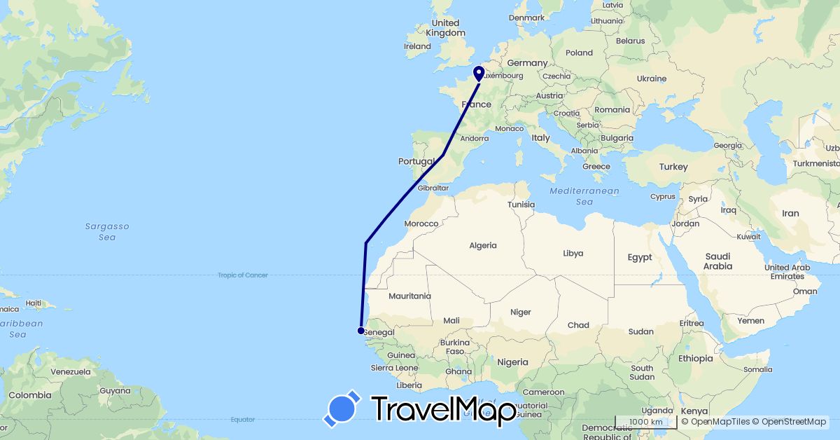 TravelMap itinerary: driving in Spain, France, Senegal (Africa, Europe)