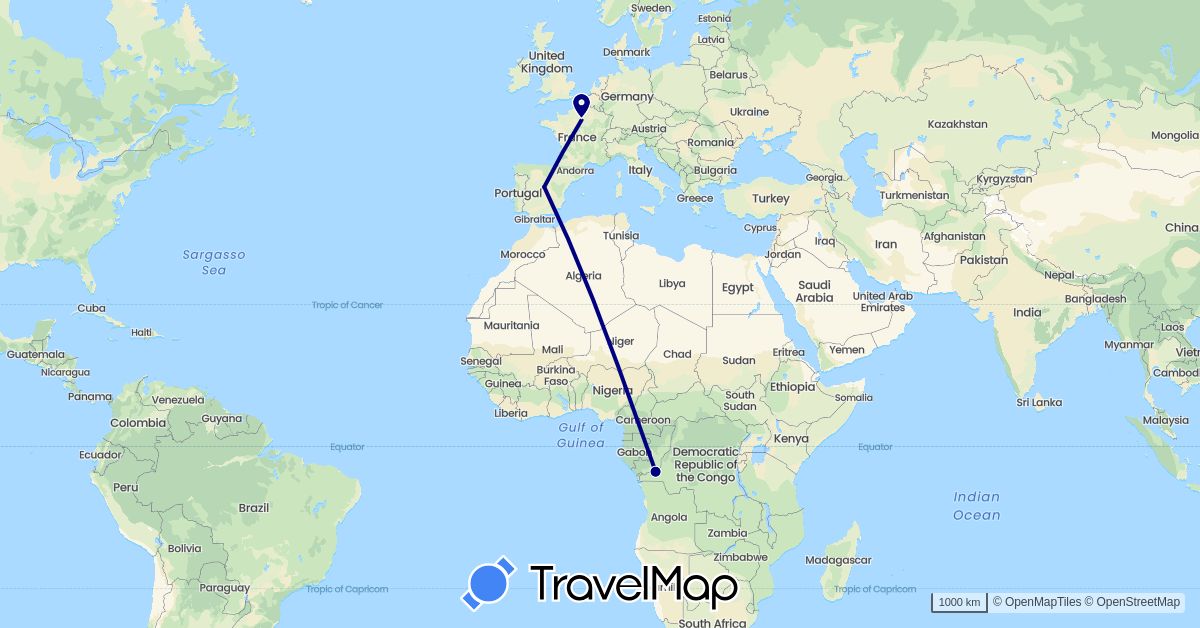 TravelMap itinerary: driving in Democratic Republic of the Congo, Republic of the Congo, Spain, France (Africa, Europe)