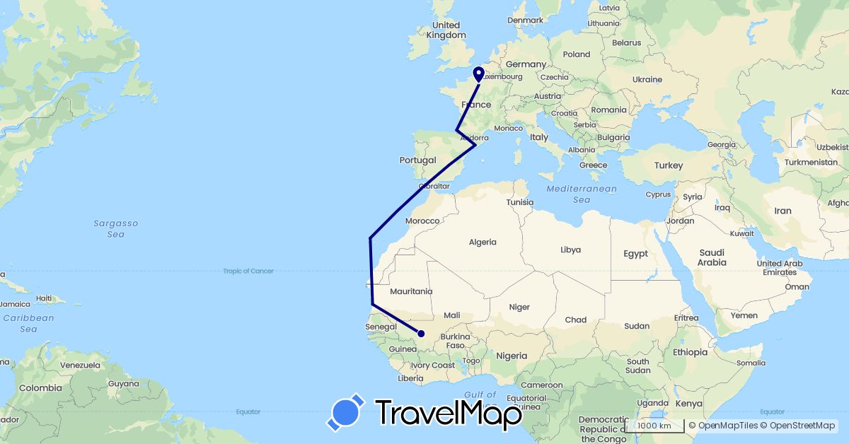 TravelMap itinerary: driving in Spain, France, Mali, Mauritania (Africa, Europe)