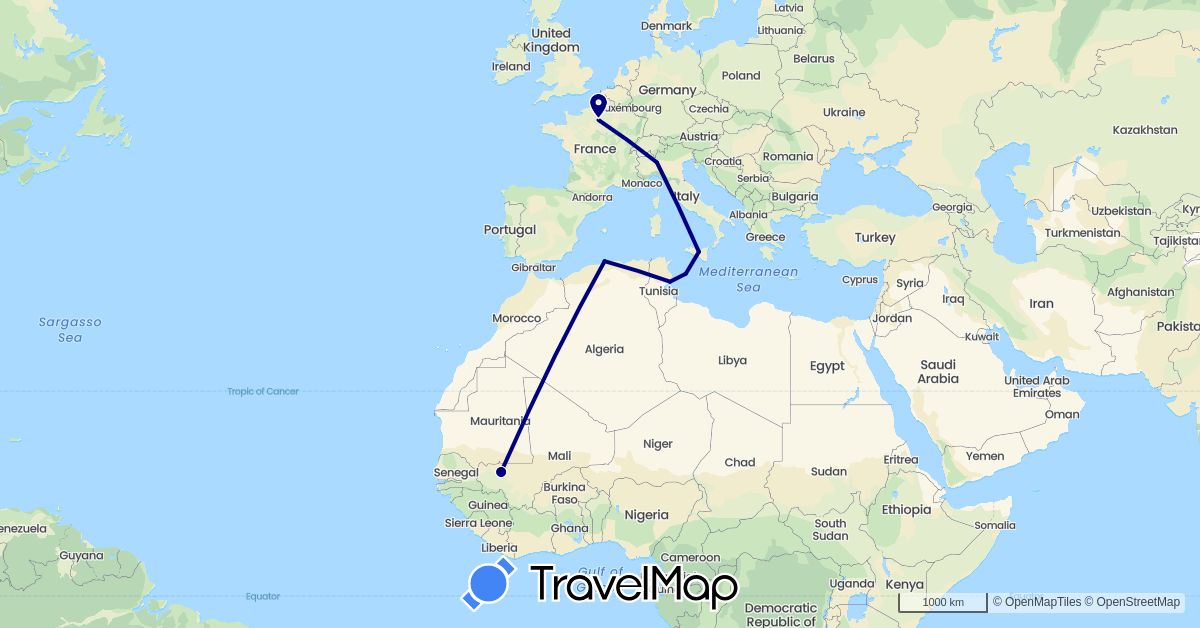 TravelMap itinerary: driving in Algeria, France, Italy, Mali, Tunisia (Africa, Europe)