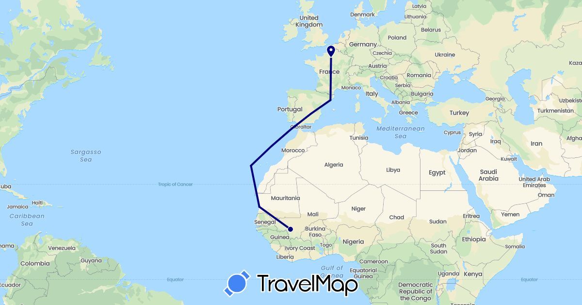 TravelMap itinerary: driving in Spain, France, Mali, Mauritania (Africa, Europe)