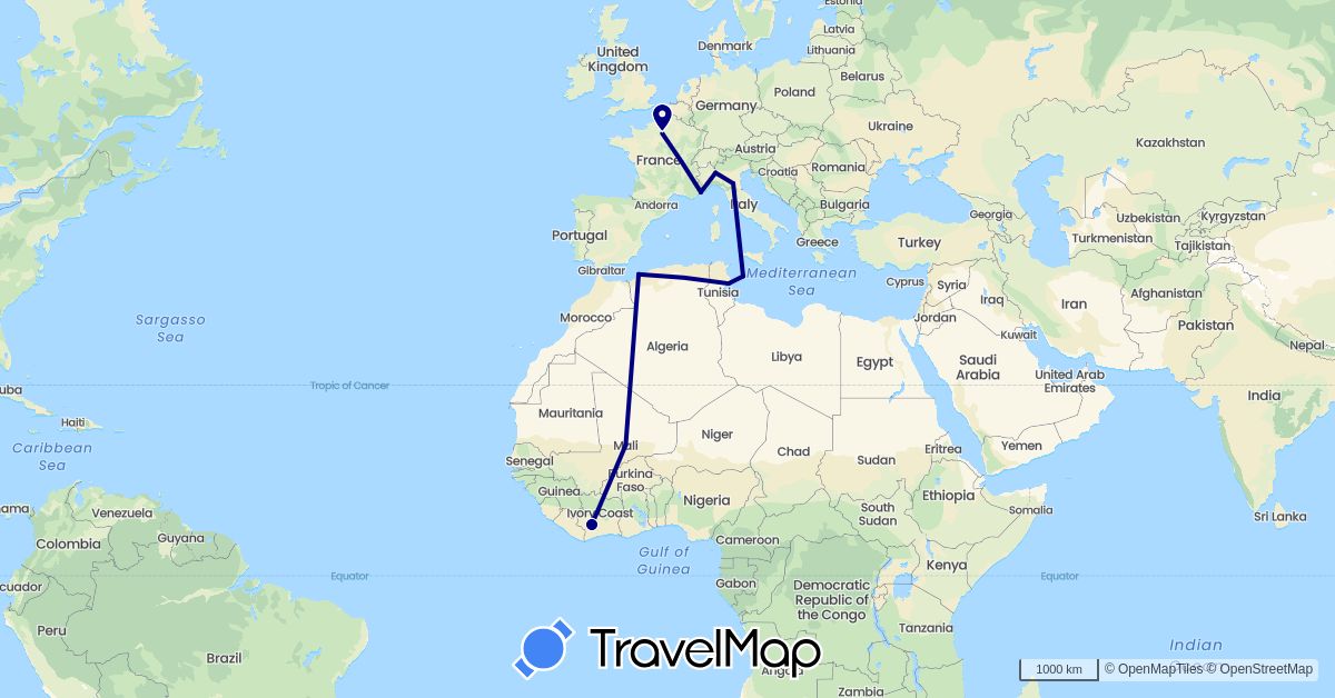 TravelMap itinerary: driving in Côte d'Ivoire, Algeria, France, Italy, Mali, Tunisia (Africa, Europe)