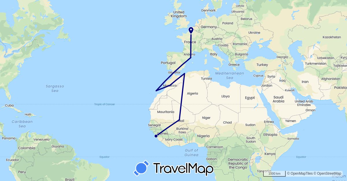 TravelMap itinerary: driving in Algeria, Spain, France, Guinea, Morocco, Mali (Africa, Europe)