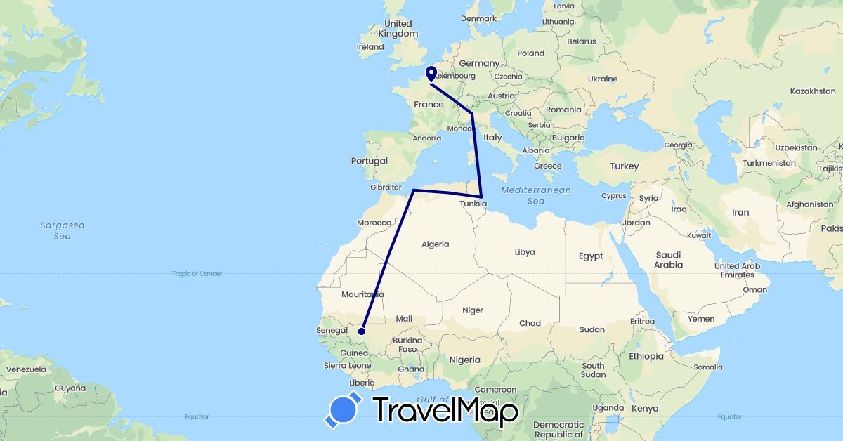 TravelMap itinerary: driving in Algeria, France, Italy, Mali, Tunisia (Africa, Europe)